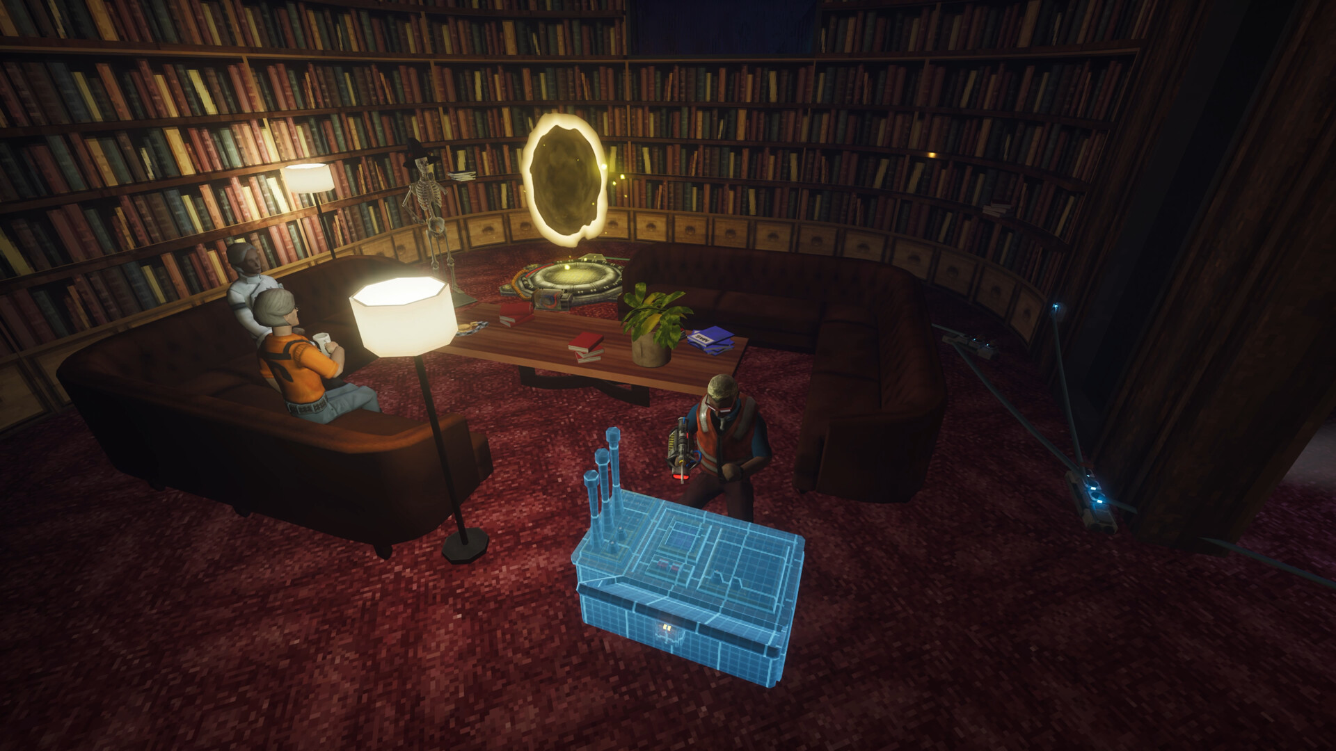 Scientists building a co-op base inside a book-lined room